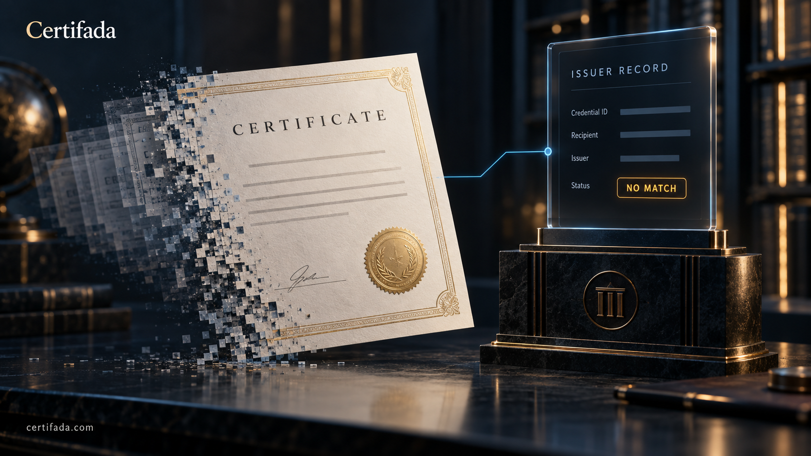 A certificate resolving to its independent verification record in Certifada, the only part an image model cannot forge