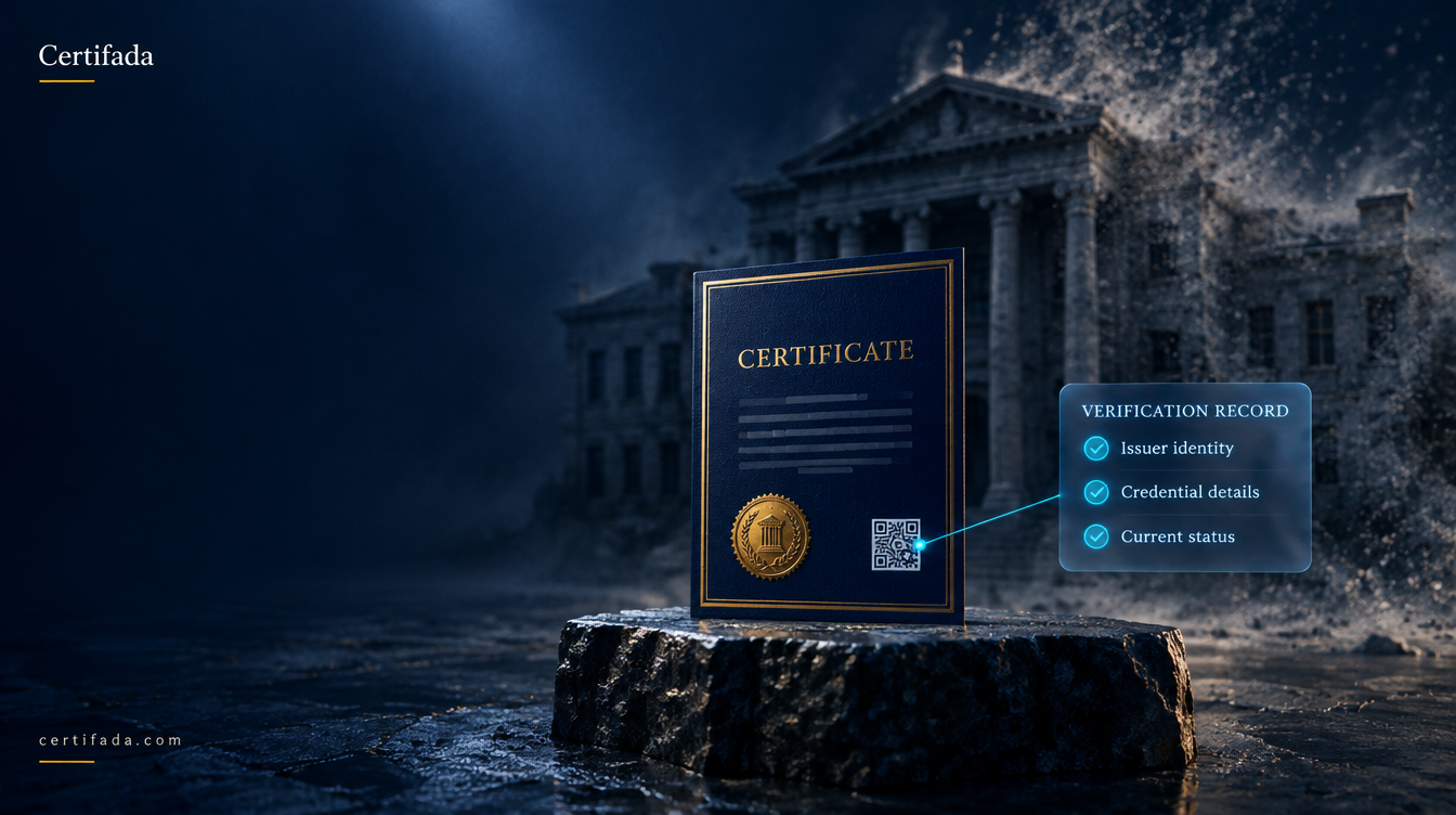 A verification record in Certifada that keeps answering long after the issuing institute has changed